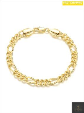 14K Gold Plated Figaro Chain Bracelet Unisex Lobster Clasp 6.2mm
